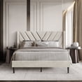 thumbnail image 1 of Castle Place Sophisticated Wingback Velvet Upholstered Twin Platform Bed, Beige, 1 of 11