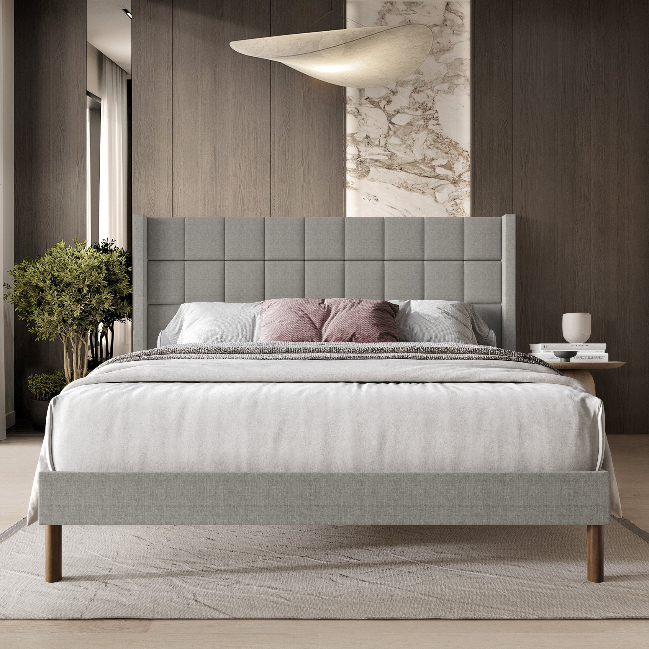 Castle Place Square Grid Stitched Linen Wingback Queen Platform Bed, Light Grey