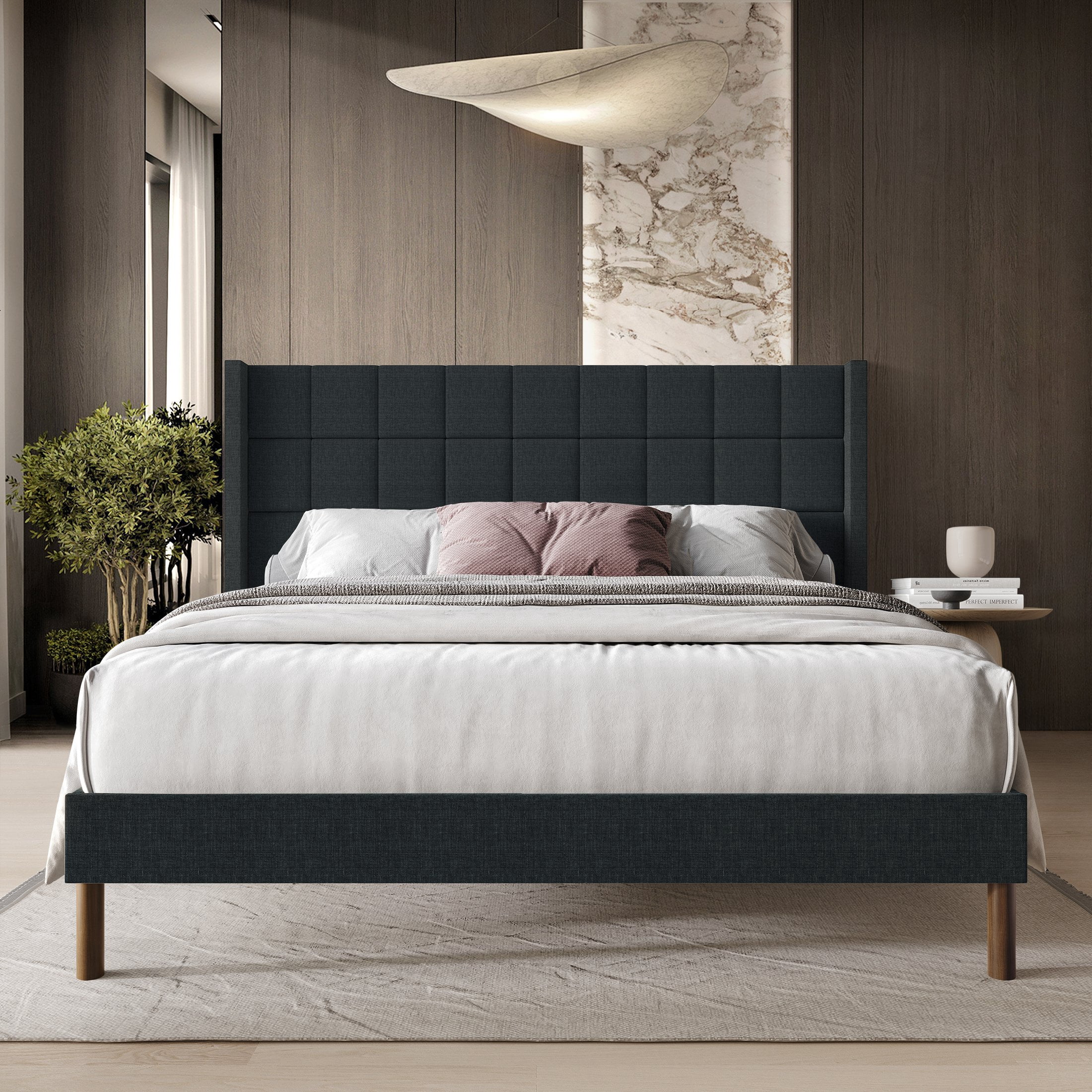 Castle Place Square Grid Stitched Linen Wingback Twin Platform Bed, Charcoal Grey