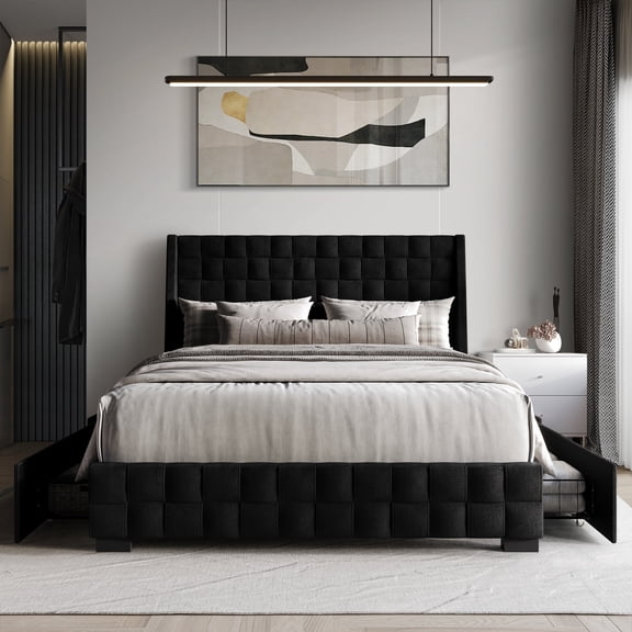 Castle Place Square Weave Contemporary Velvet Full Platform Bed With Storage, Black