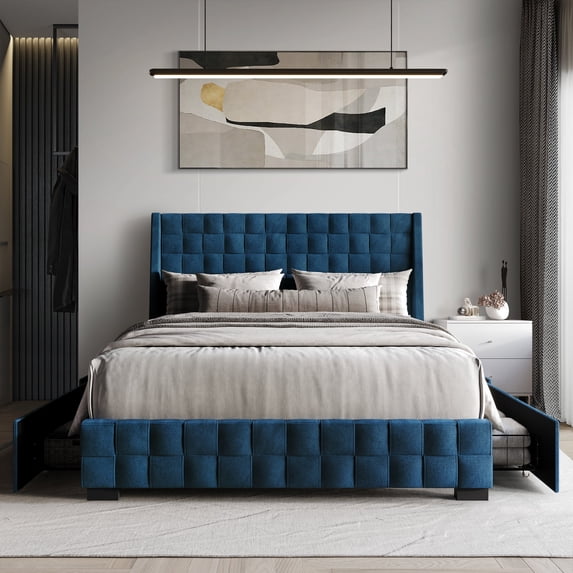 Castle Place Square Weave Contemporary Velvet Full Platform Bed With Storage, Navy Blue