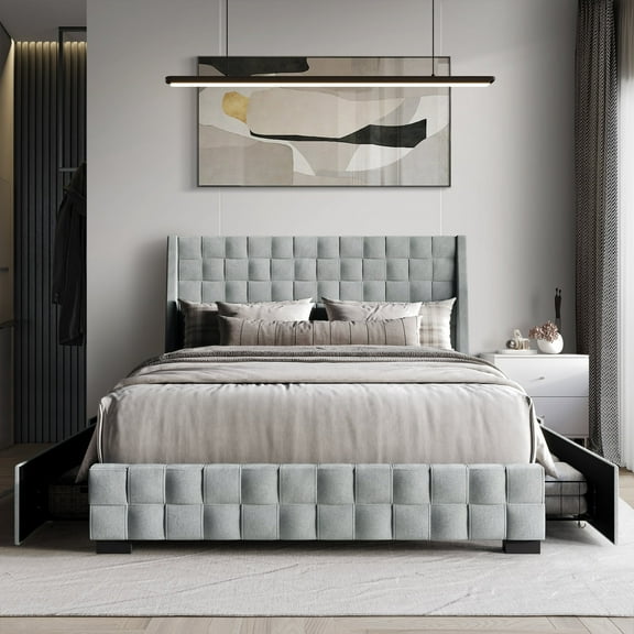 Castle Place Square Weave Contemporary Velvet King Platform Bed With Storage, Silver Grey