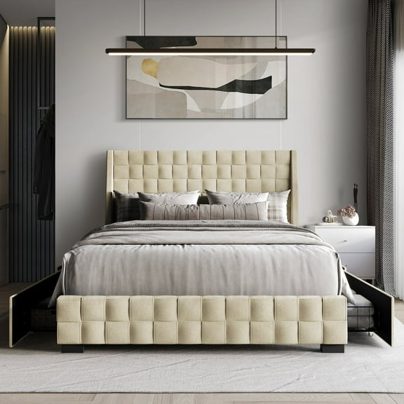 Castle Place Square Weave Contemporary Velvet Queen Platform Bed With Storage, Champagne