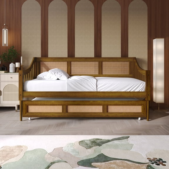 Castle Place Timeless Cane Wooden Daybed With Trundle, Walnut