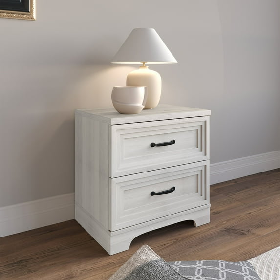 Castle Place Traditional 2 Drawer Wooden Nightstand, Light Grey