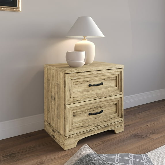 Castle Place Traditional 2 Drawer Wooden Nightstand, Light Oak