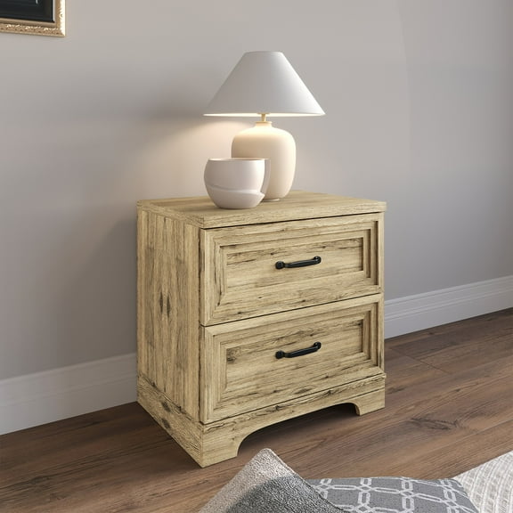 Castle Place Traditional 2 Drawer Wooden Nightstand, Light Oak