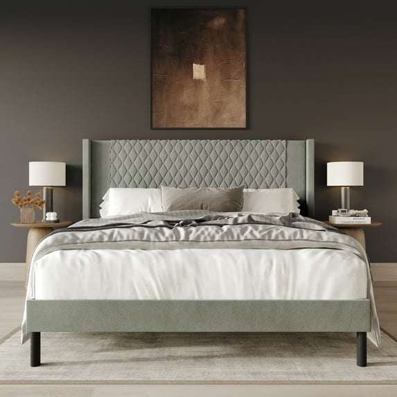 Castle Place Transitional Diamond-Stitched Velvet Wingback King Platform Bed, Grey