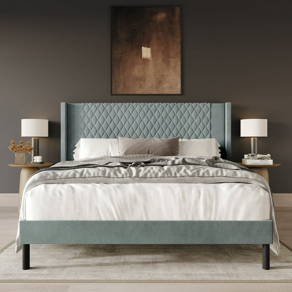 Castle Place Transitional Diamond-Stitched Velvet Wingback King Platform Bed, Light Blue