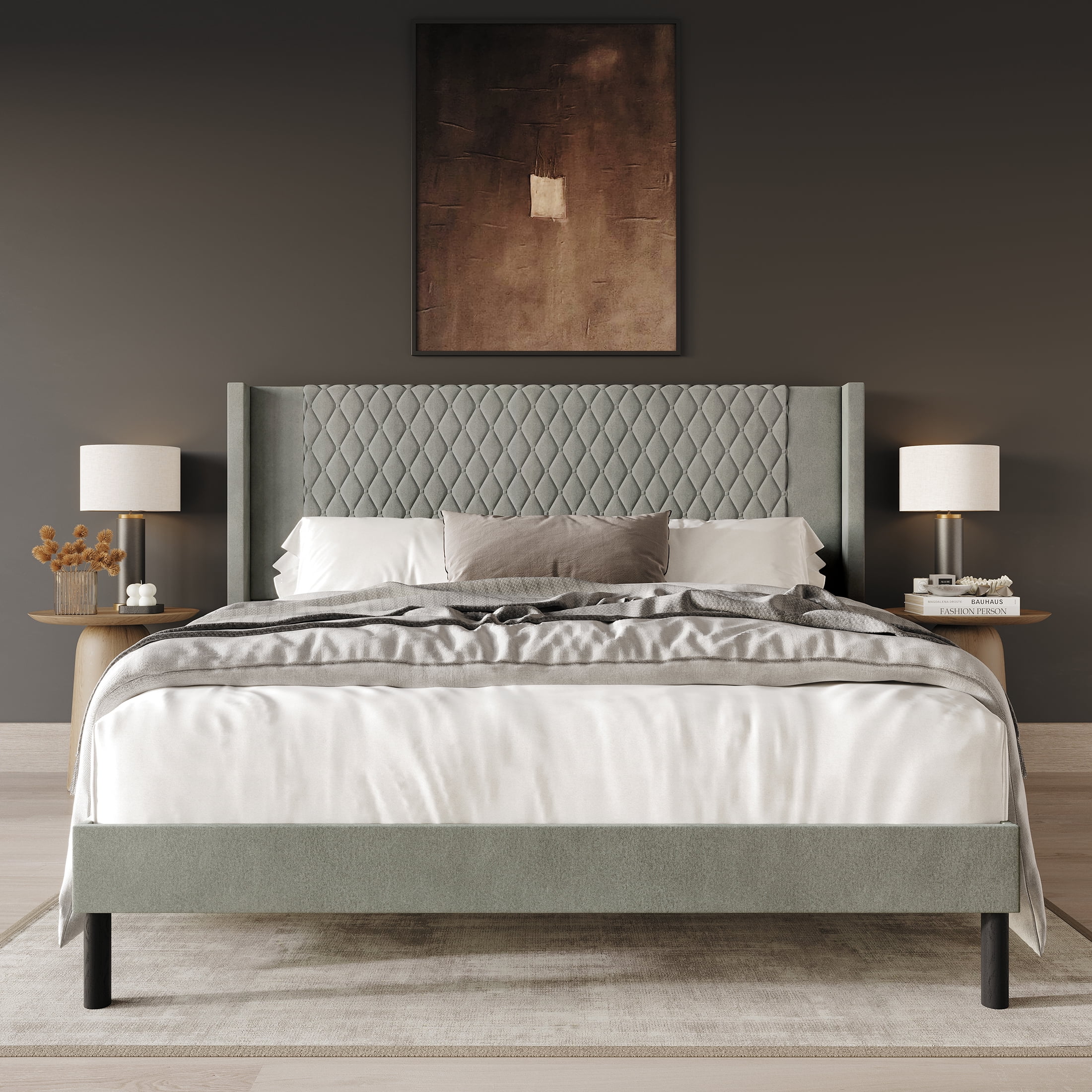 Castle Place Transitional Diamond-Stitched Velvet Wingback Queen Platform Bed, Grey