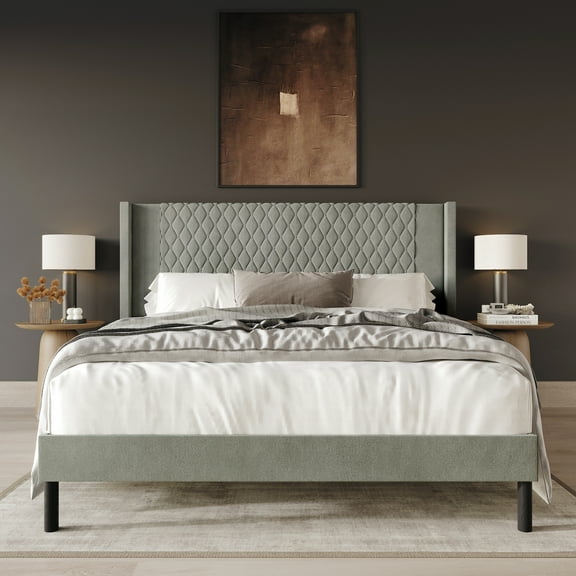 Castle Place Transitional Diamond-Stitched Velvet Wingback Queen Platform Bed, Grey