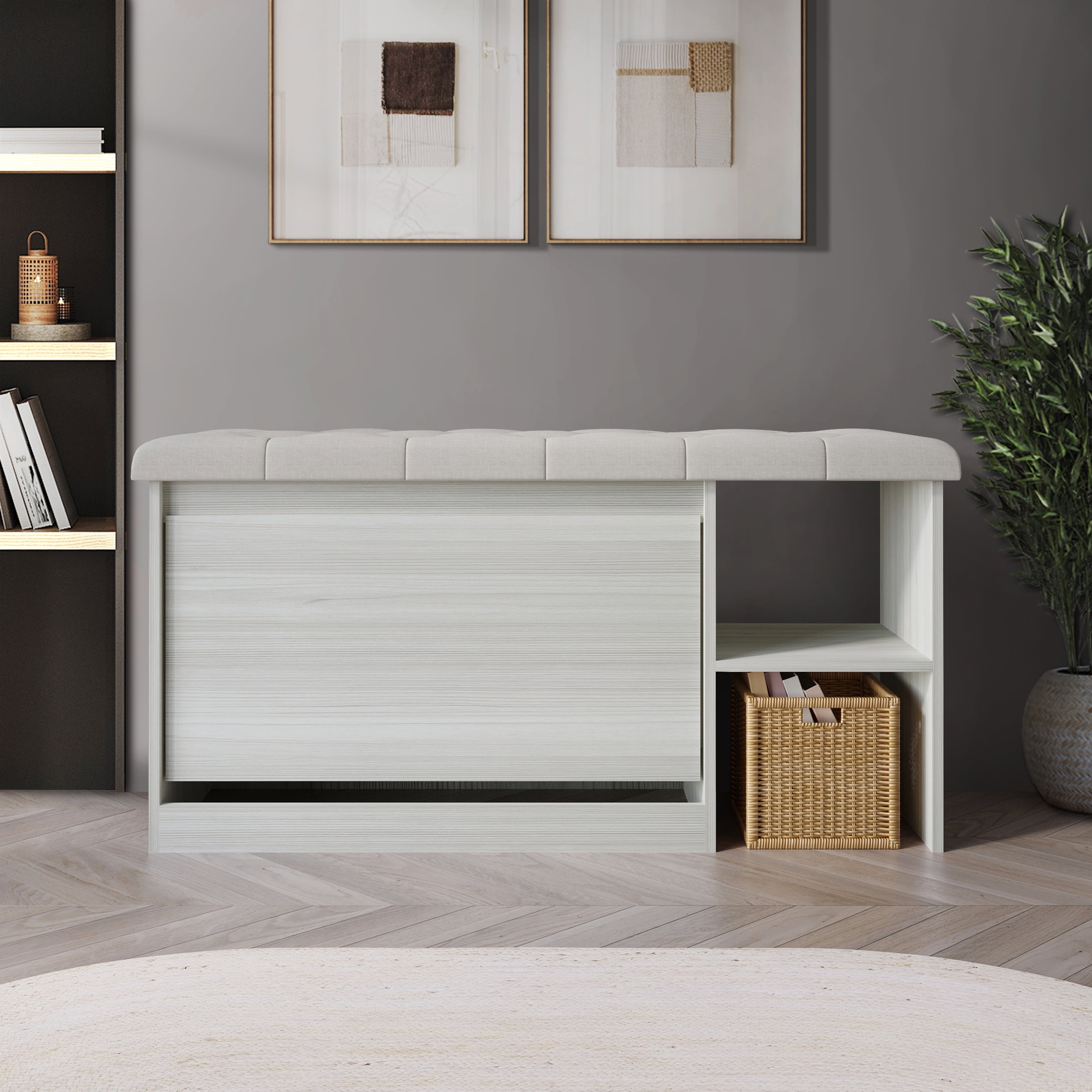 Castle Place Upholstered 41"L x 22" H Bench with Shoe Storage, Light Grey