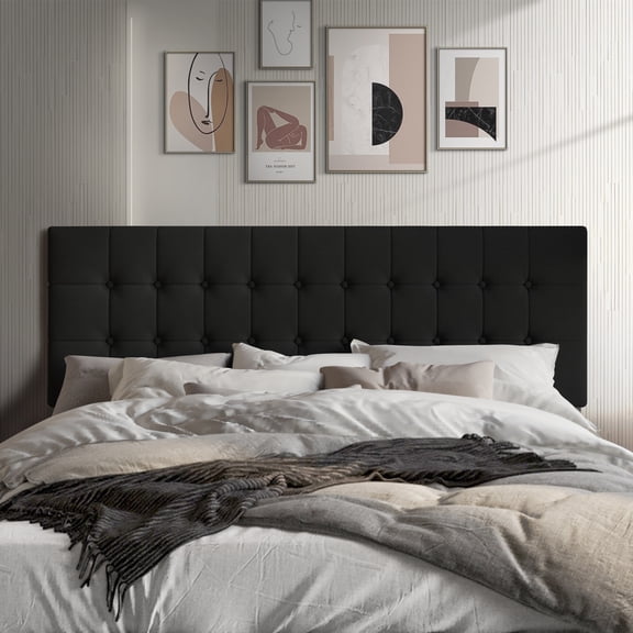 Castle Place Upholstered Button Tufted Linen Headboard, Black, Full
