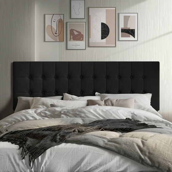 Castle Place Upholstered Button Tufted Linen Headboard, Black, King