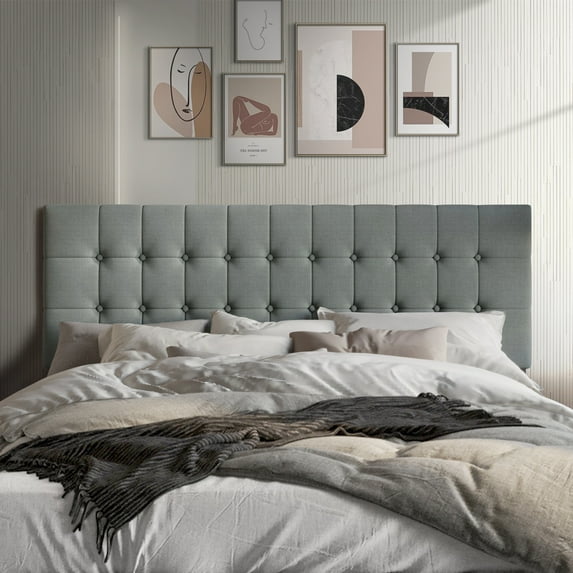 Castle Place Upholstered Button Tufted Linen Headboard, Light Grey, Full