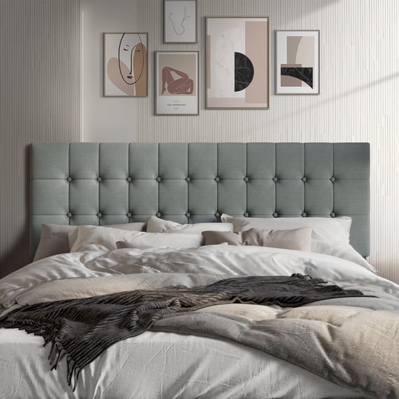 Castle Place Upholstered Button Tufted Linen Headboard, Light Grey, King