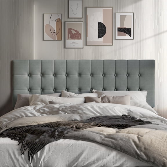 Castle Place Upholstered Button Tufted Linen Headboard, Light Grey, Queen