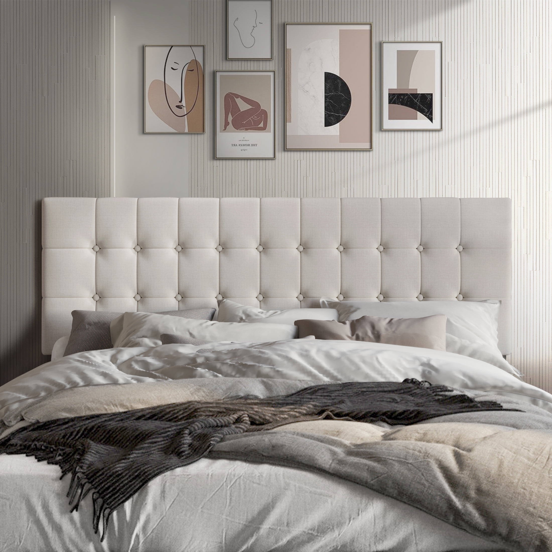 Castle Place Upholstered Button Tufted Linen Headboard, Warm Grey, King
