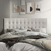 Castle Place Upholstered Button Tufted Linen Headboard, Warm Grey, King