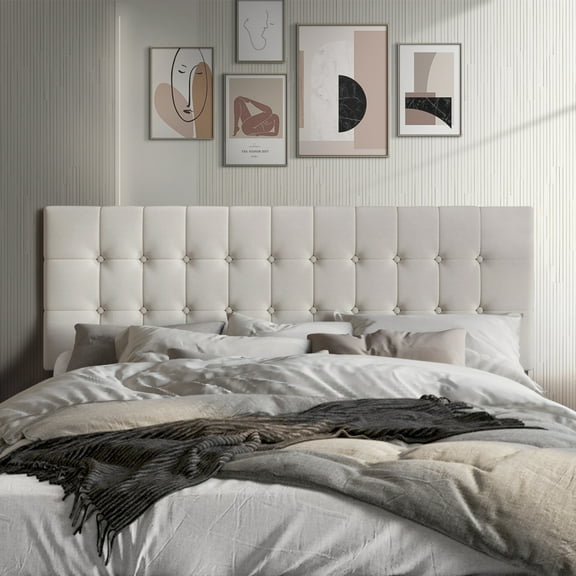Castle Place Upholstered Button Tufted Linen Headboard, Warm Grey, King