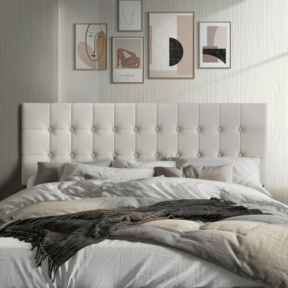 Castle Place Upholstered Button Tufted Linen Headboard, Warm Grey, Twin