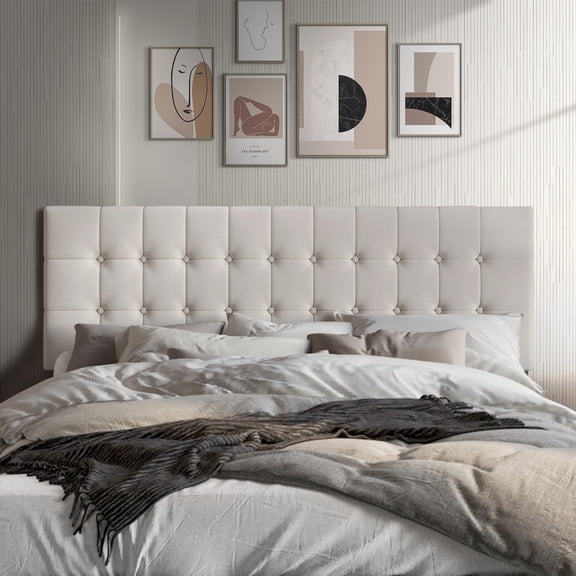 Castle Place Upholstered Button Tufted Linen Headboard, Warm Grey, Twin