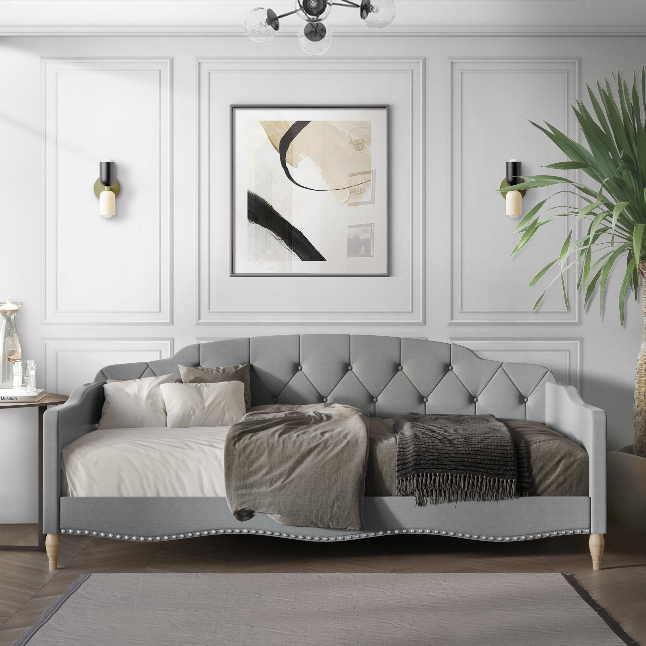 Castle Place Upholstered Button Tufted Twin Daybed, Light Grey