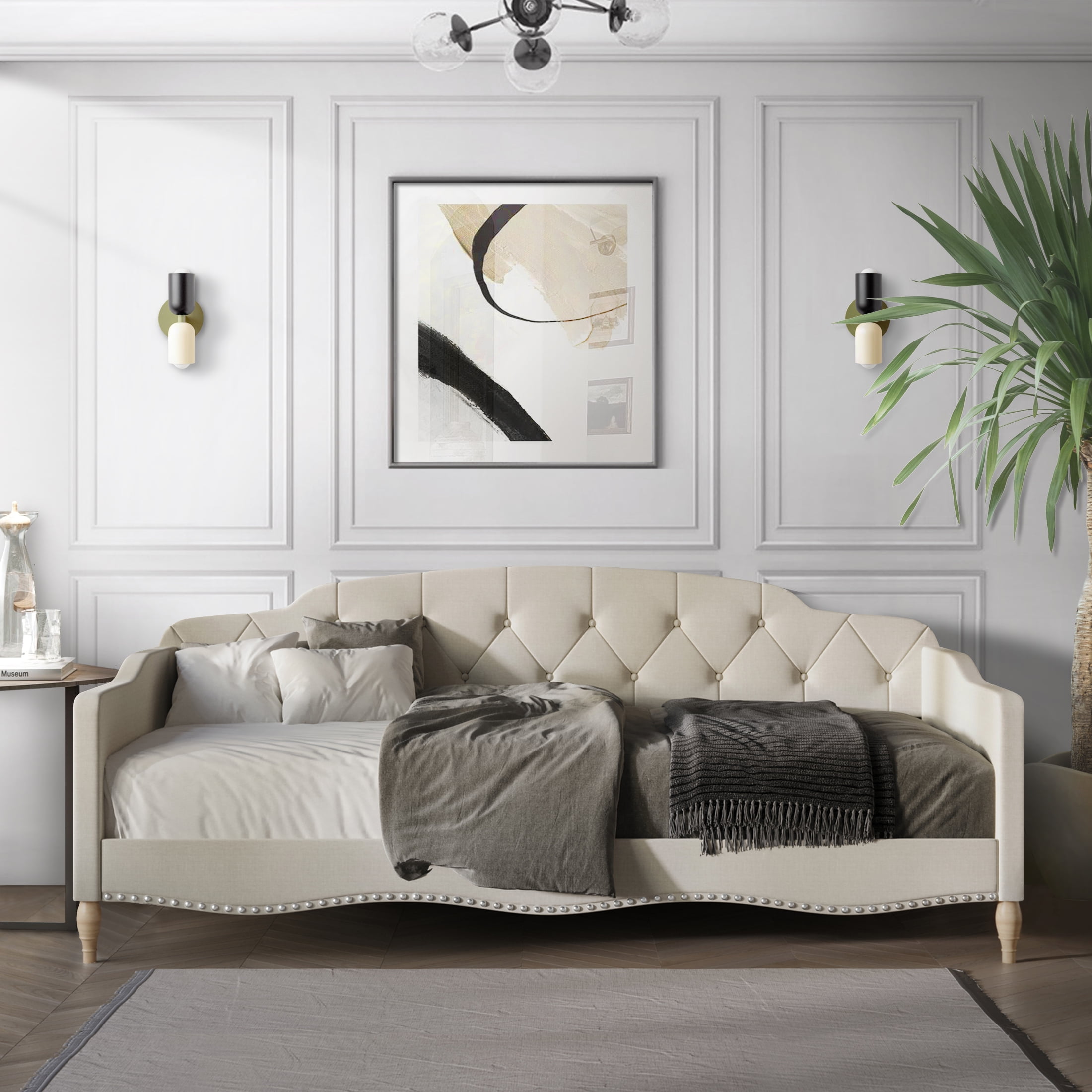 Castle Place Upholstered Button Tufted Twin Daybed, WarmGrey