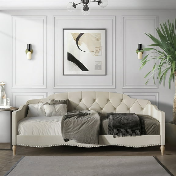 Castle Place Upholstered Button Tufted Twin Daybed, WarmGrey