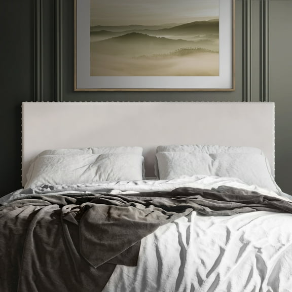 Castle Place Upholstered Nailhead Trim Velvet Headboard, Beige, Full