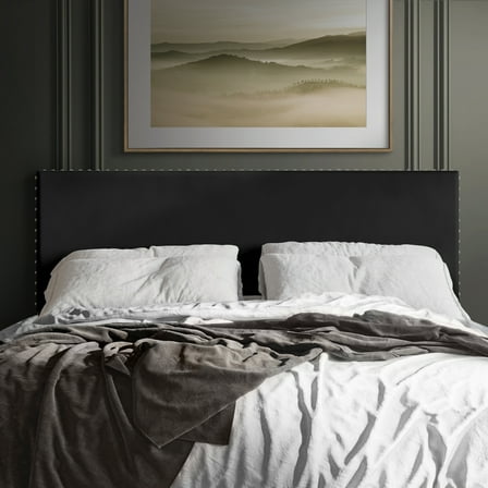 Castle Place Upholstered Nailhead Trim Velvet Headboard, Black, Full