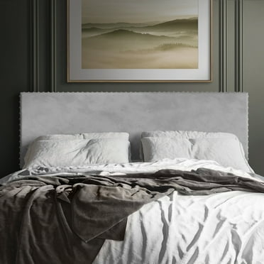 Castle Place Upholstered Nailhead Trim Velvet Headboard, Silver Grey, King