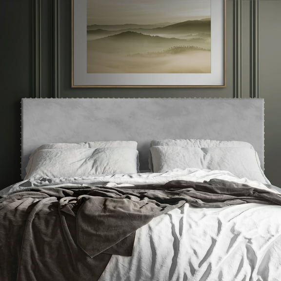 Castle Place Upholstered Nailhead Trim Velvet Headboard, Silver Grey, Twin