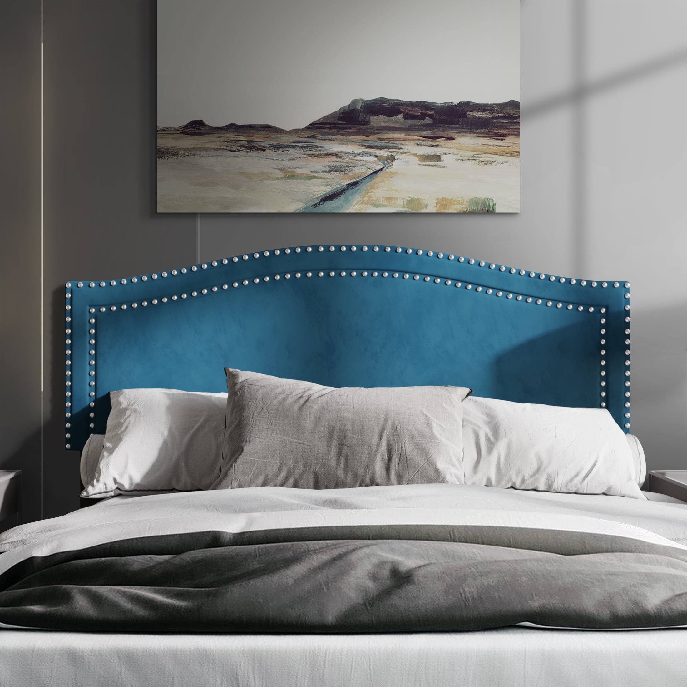 Castle Place Upholstered Nailhead Trimmed Headboard Navy Blue Velvet Full
