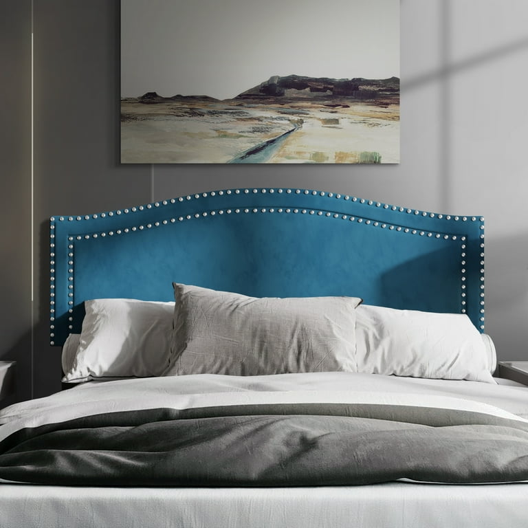 Castle Place Upholstered Nailhead Trimmed Headboard Navy Blue Velvet Queen