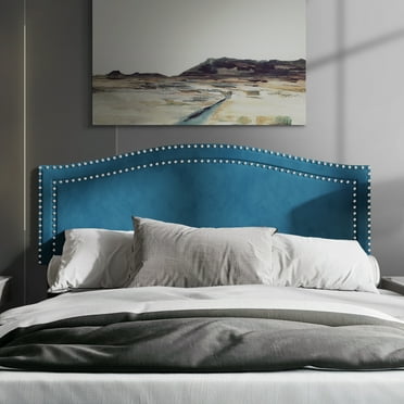 Castle Place Upholstered Nailhead Trimmed Headboard, Navy Blue Velvet, Twin