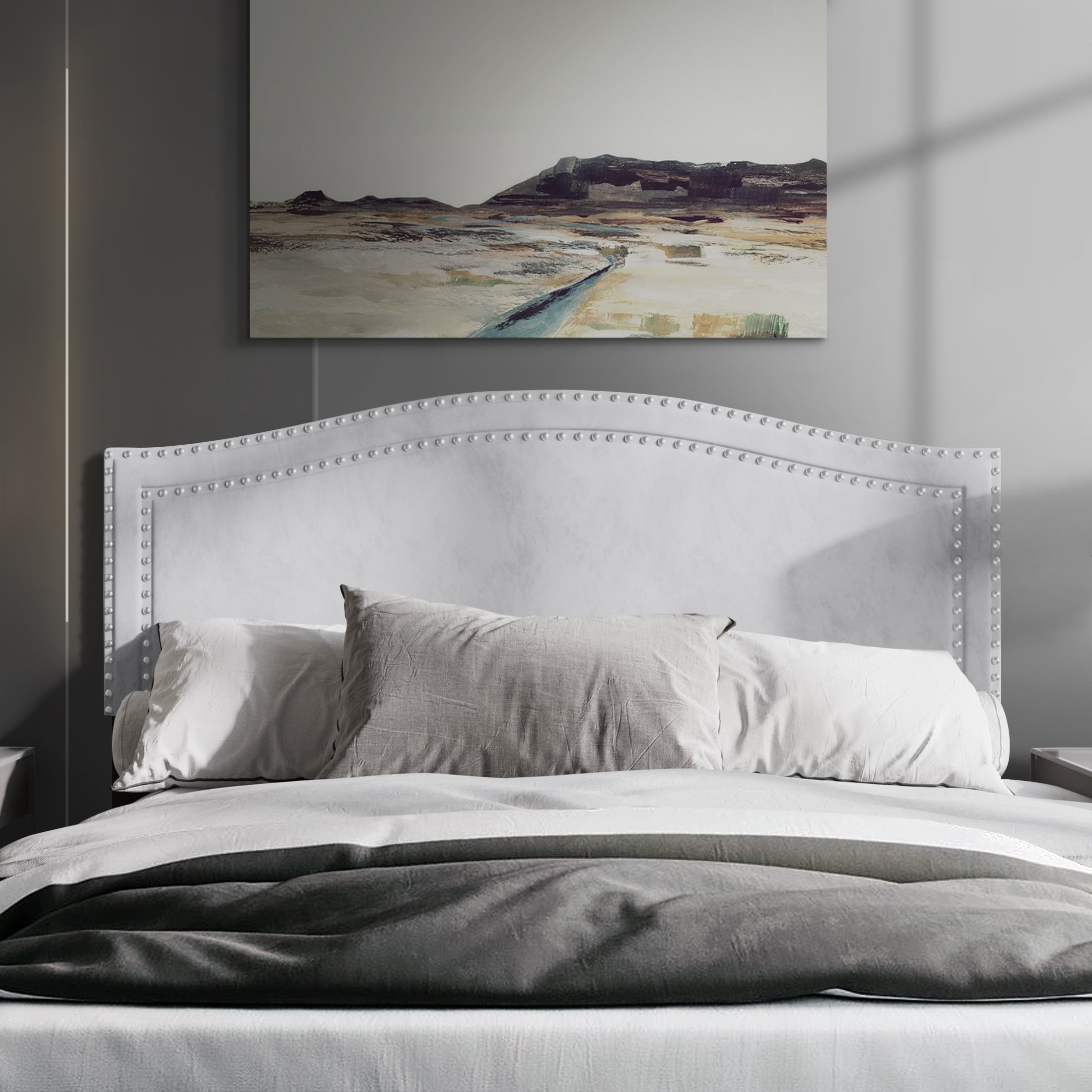 Castle Place Upholstered Nailhead Trimmed Headboard, Silver Grey Velvet ...