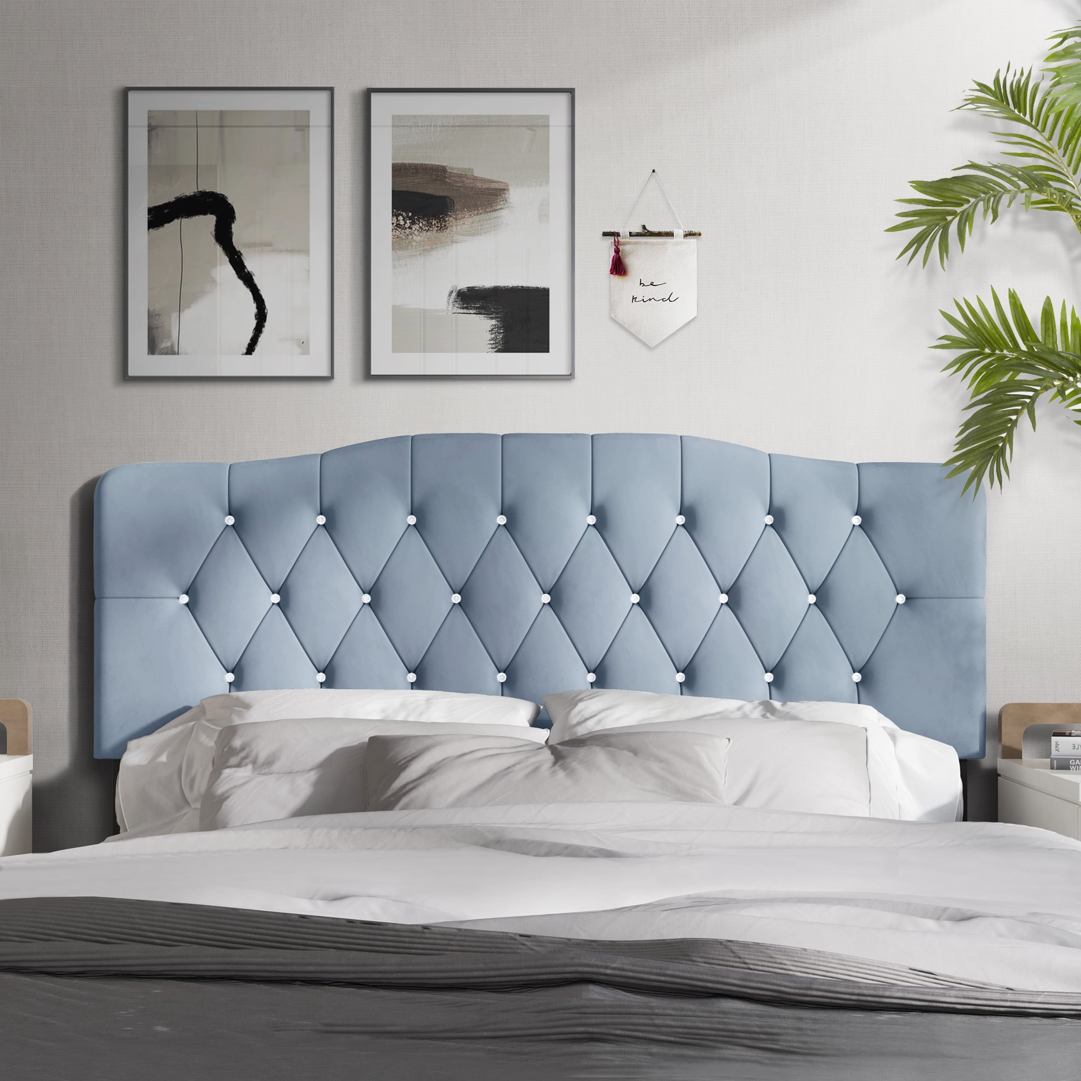 Castle Place Upholstered Tufted Headboard, Light Blue Velvet, Full