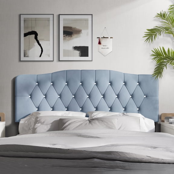 Castle Place Upholstered Tufted Headboard, Light Blue Velvet, King