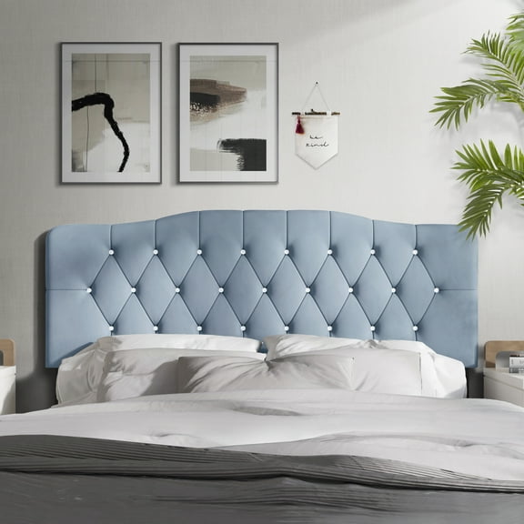 Castle Place Upholstered Tufted Headboard, Light Blue Velvet, Twin