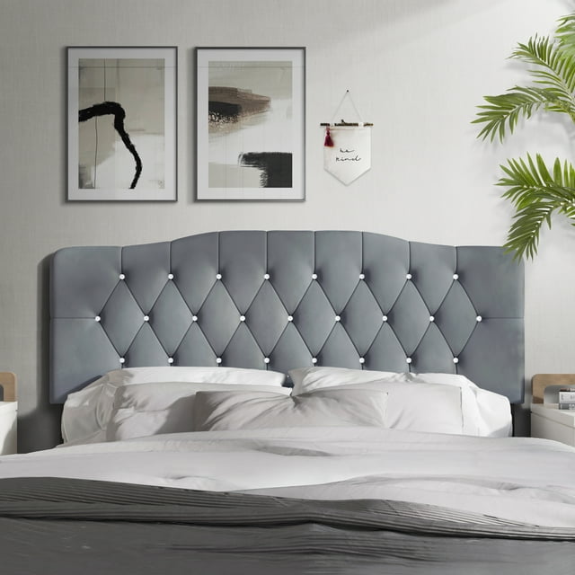Castle Place Upholstered Tufted Headboard, Light Grey Velvet, Full