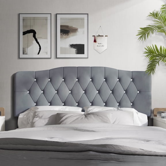 Castle Place Upholstered Tufted Headboard, Light Grey Velvet, Full