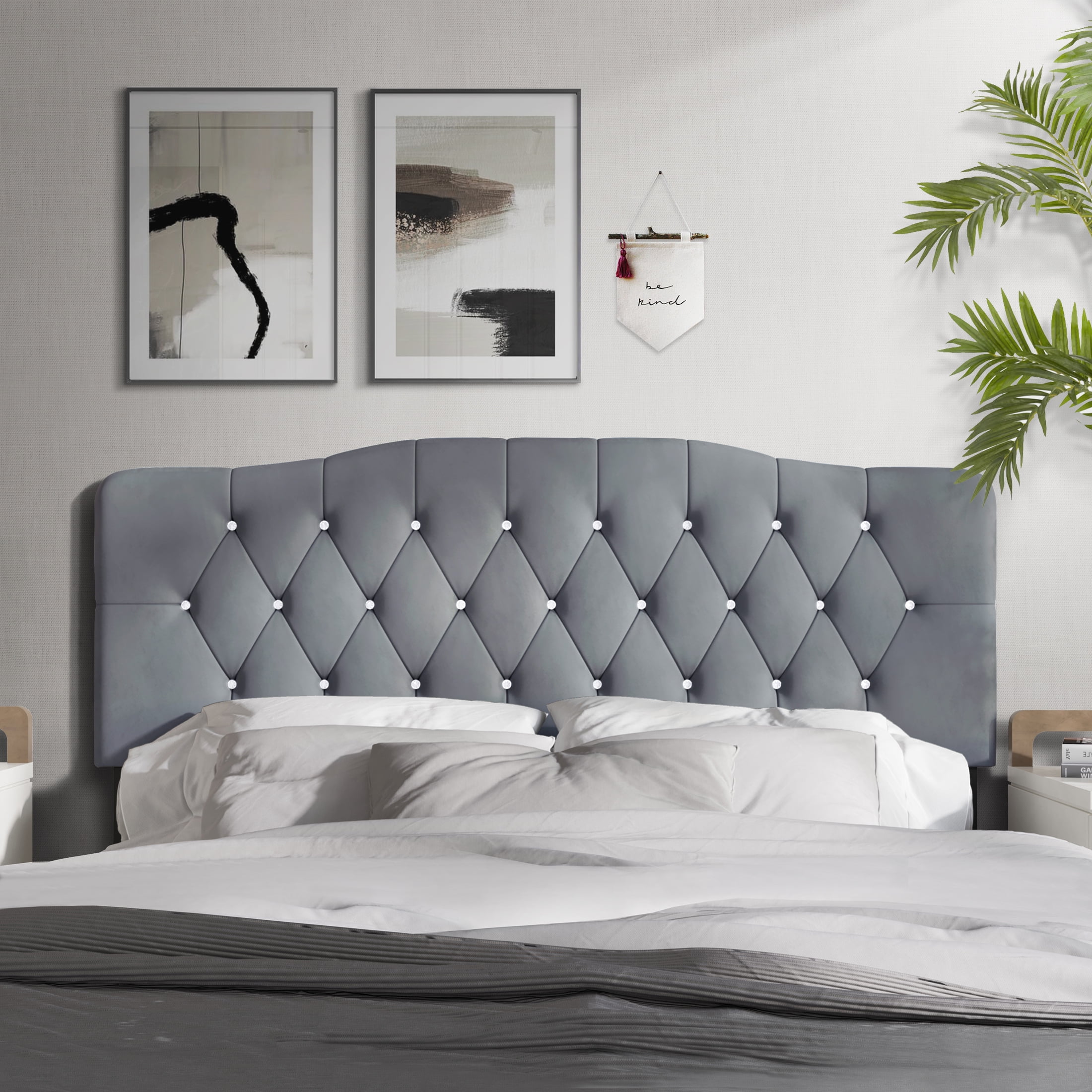 Castle Place Upholstered Tufted Headboard, Light Grey Velvet, Twin