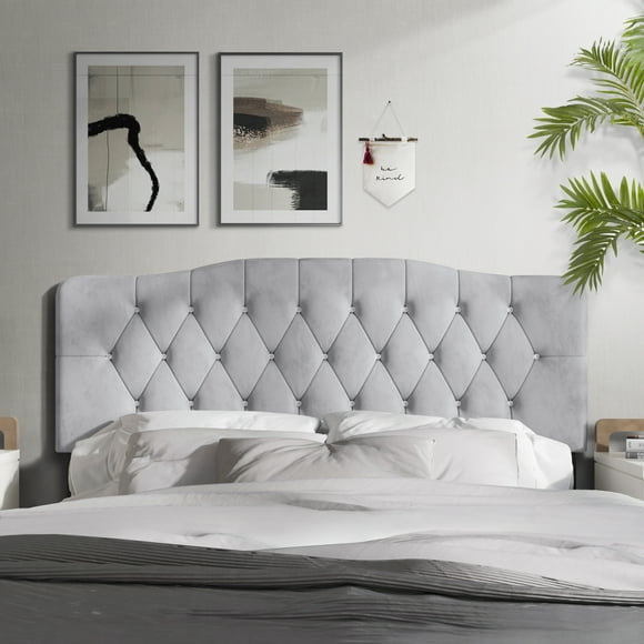 Castle Place Upholstered Tufted Headboard, Silver Grey Velvet, Queen
