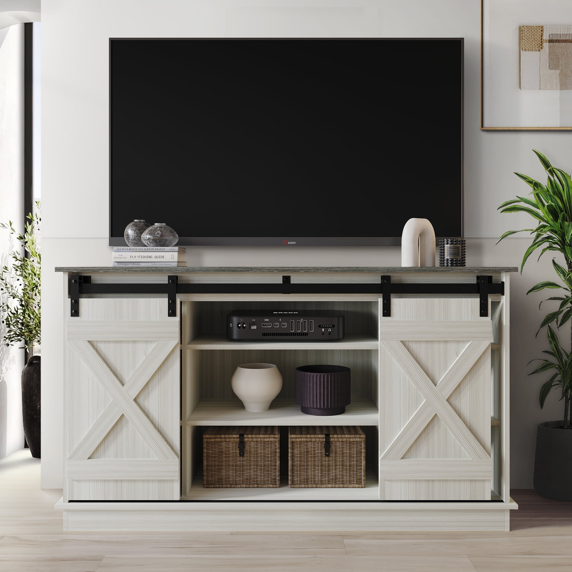 Castle Place Vintage 54 inch TV Stand Console for TVS Up to 65 inch Light Gray