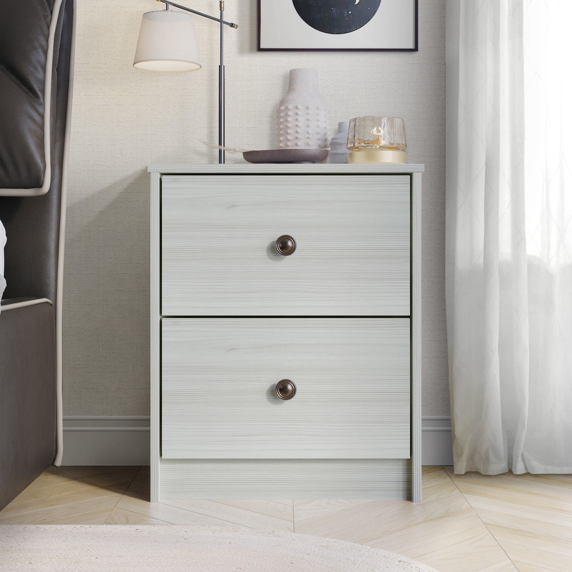 Castle Place Vintage Nightstand with 2 Drawers, Light Gray