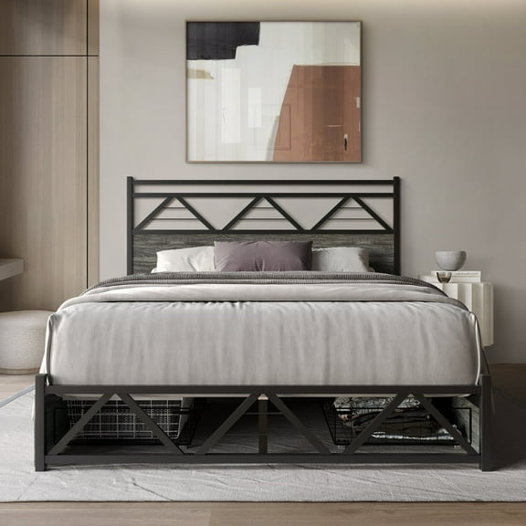 Castle Place Vintage Queen Metal Platform Bed with 4 Storage Drawers, Dark Grey