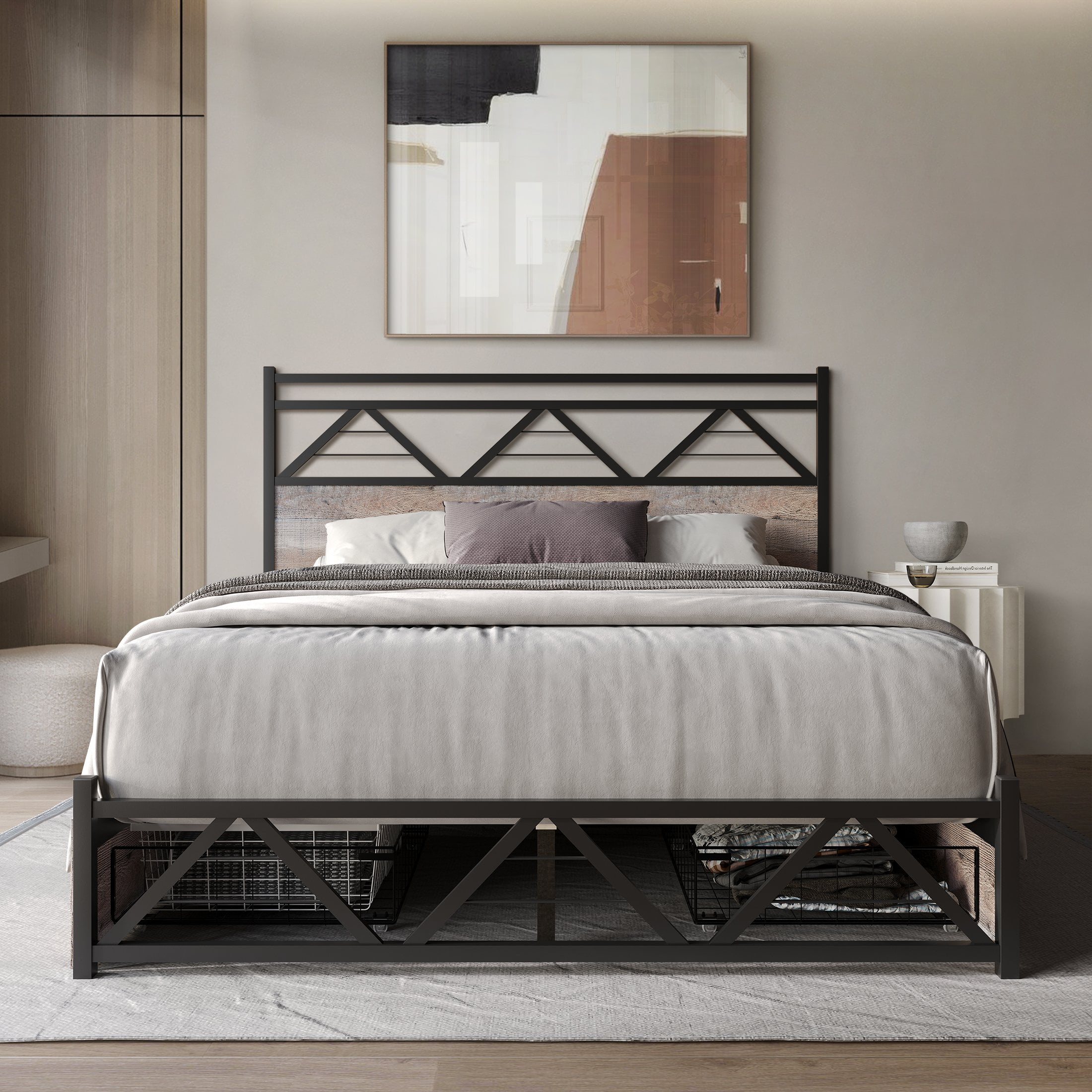 Castle Place Vintage Queen Metal Platform Bed with 4 Storage Drawers, Natural Oak