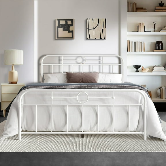 Castle Place Vintage Queen Size Metal Platform Bed, White