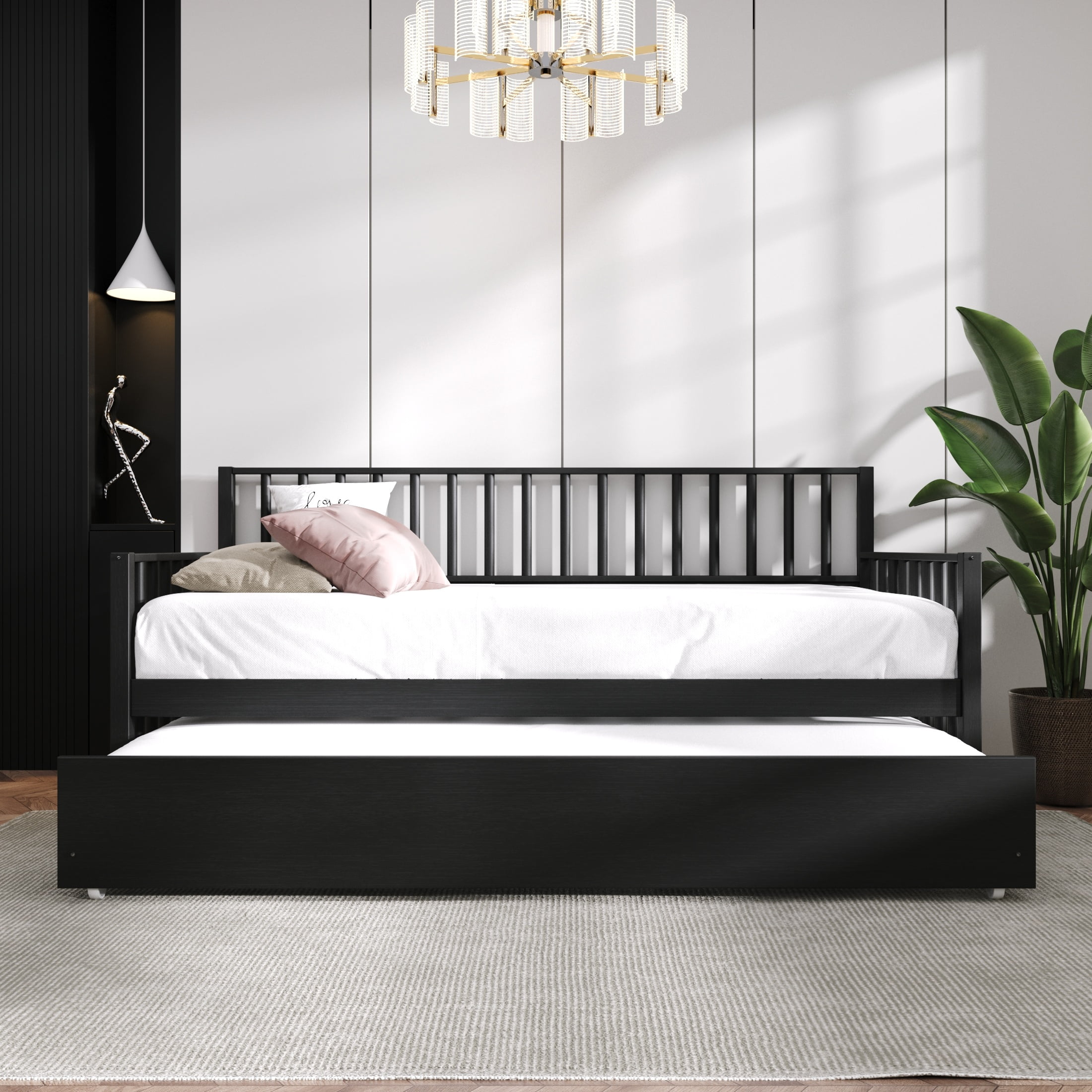 Castle Place Vintage Wood Twin Daybed with Trundle, Black